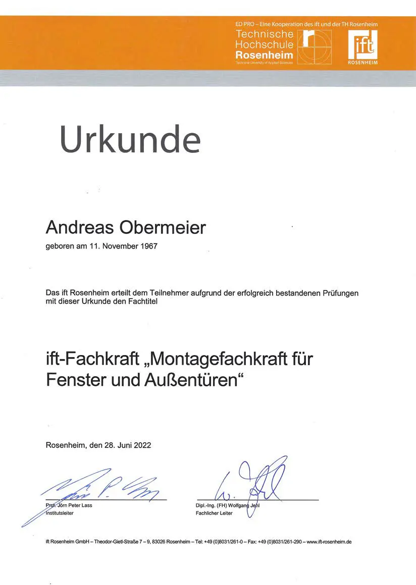 Zertifikat ift-Fachkraft "Montagefachkraft für Fenster und Türen"