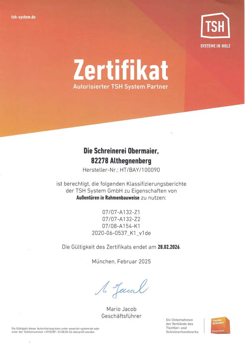 Zertifikat TSH Systeme in Holz - Fenster und Türen Obermaier GmbH