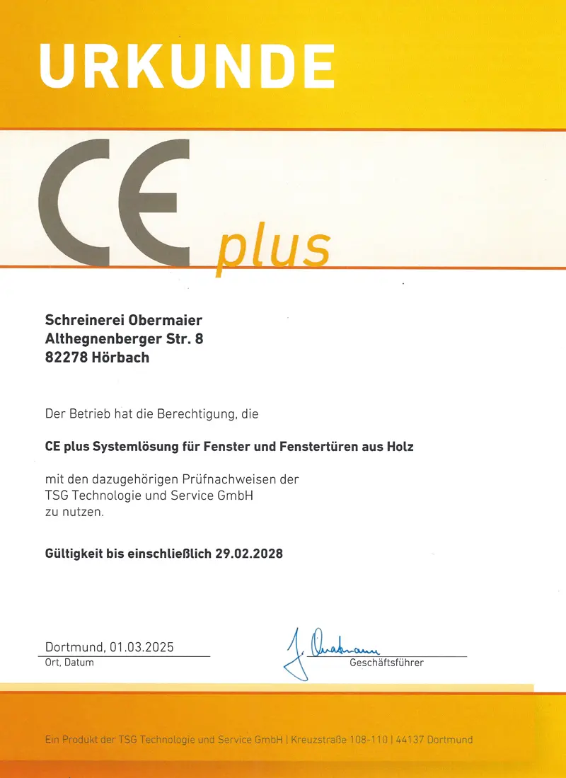 Zertifikat TSG CE plus - Fenster und Türen Obermaier GmbH